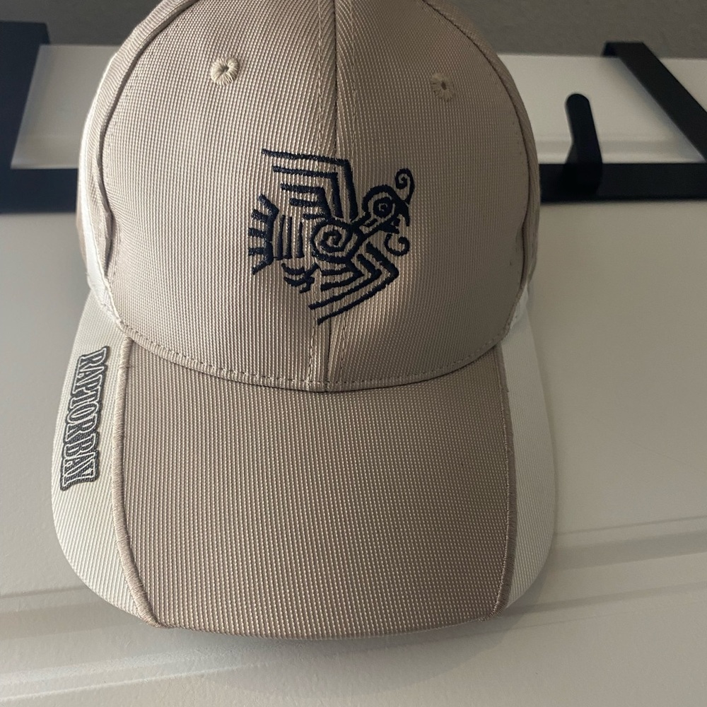 Tan and White Six-Panel Hat with Mesh Ventilation